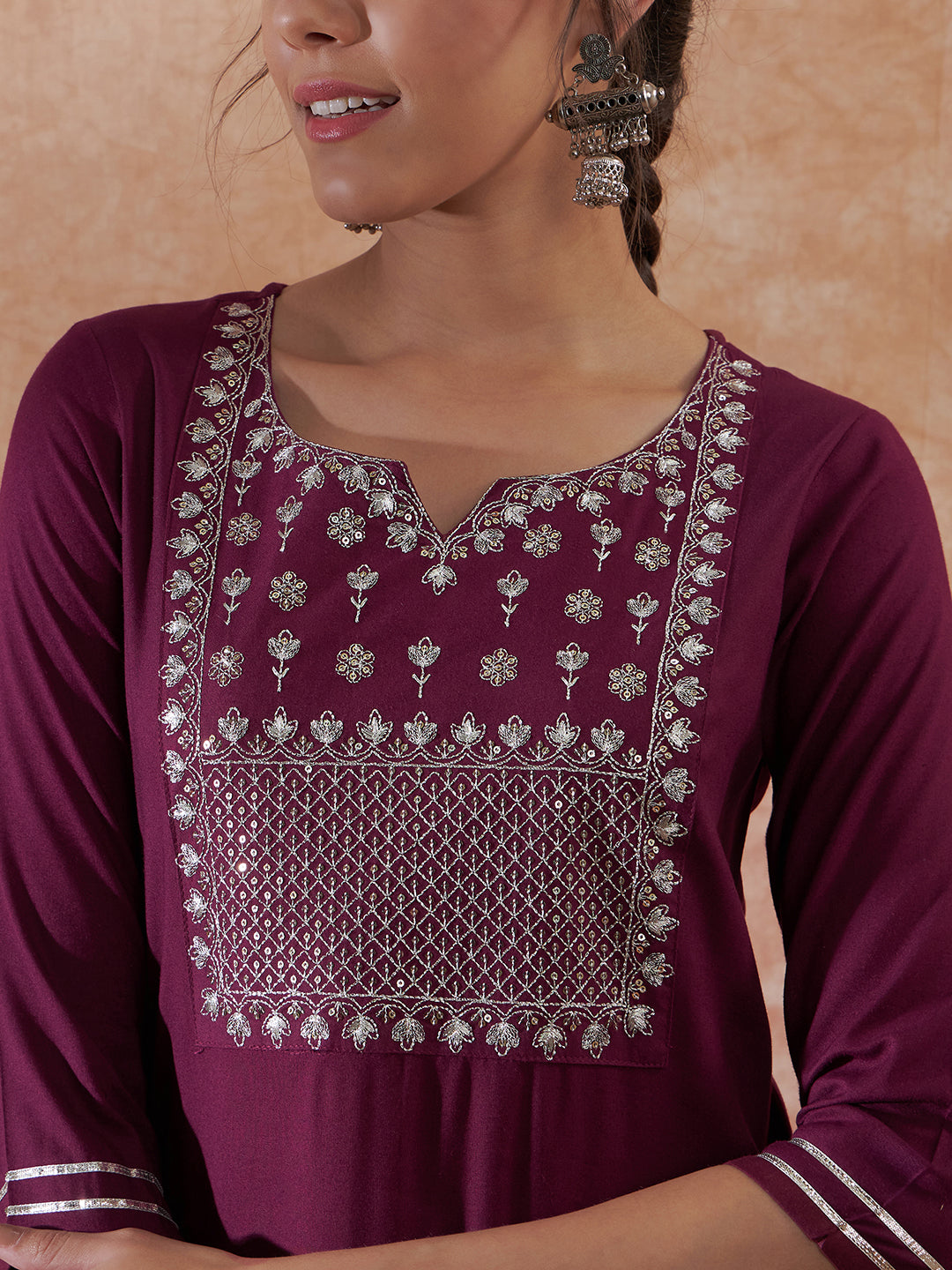 InWeave Women's Burgundy Emb Assymetrical Kurta Pant Set | Grocsy