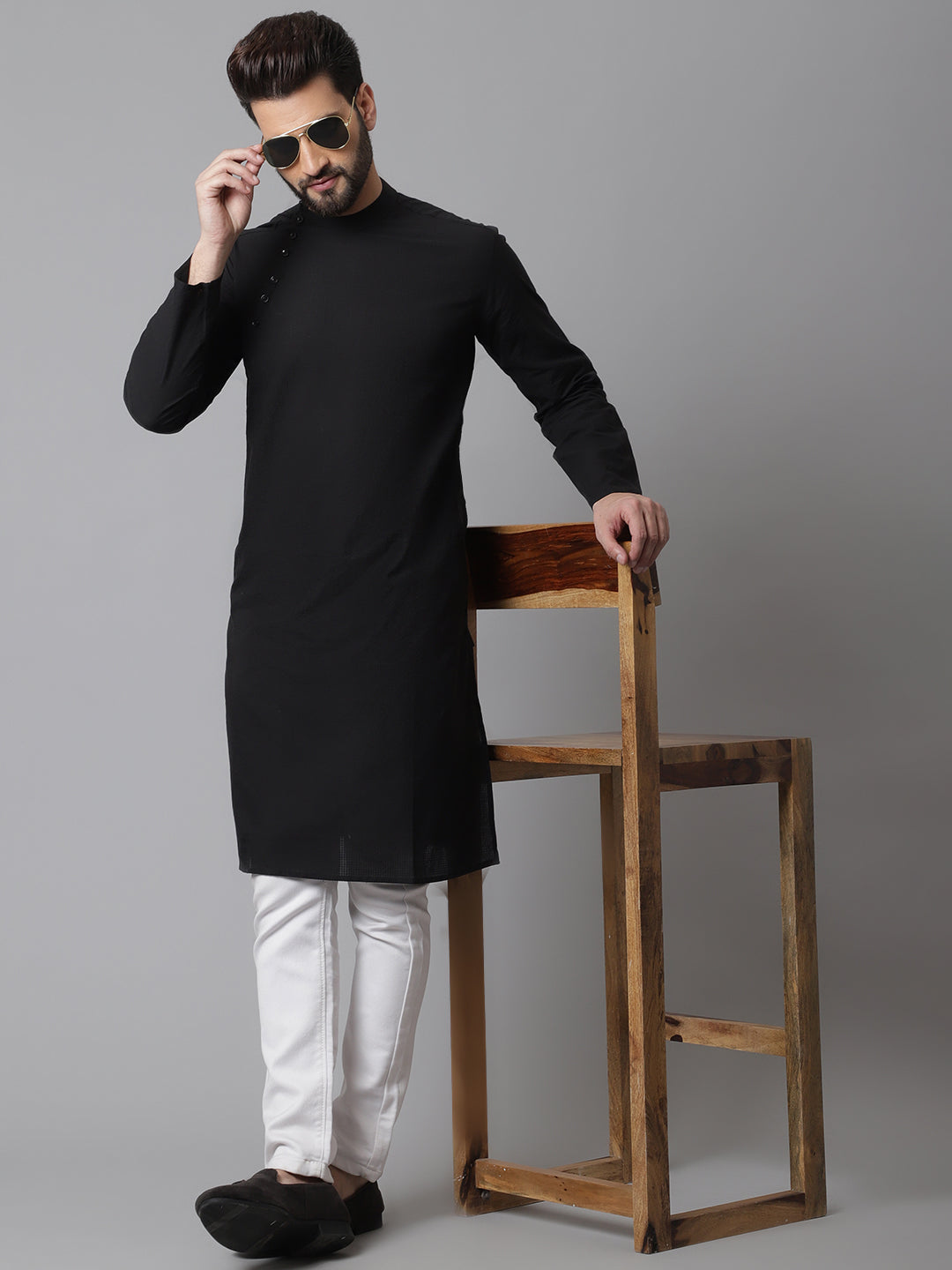 Even Apparels Black Solid Kurta With Band Collar | Grocsy