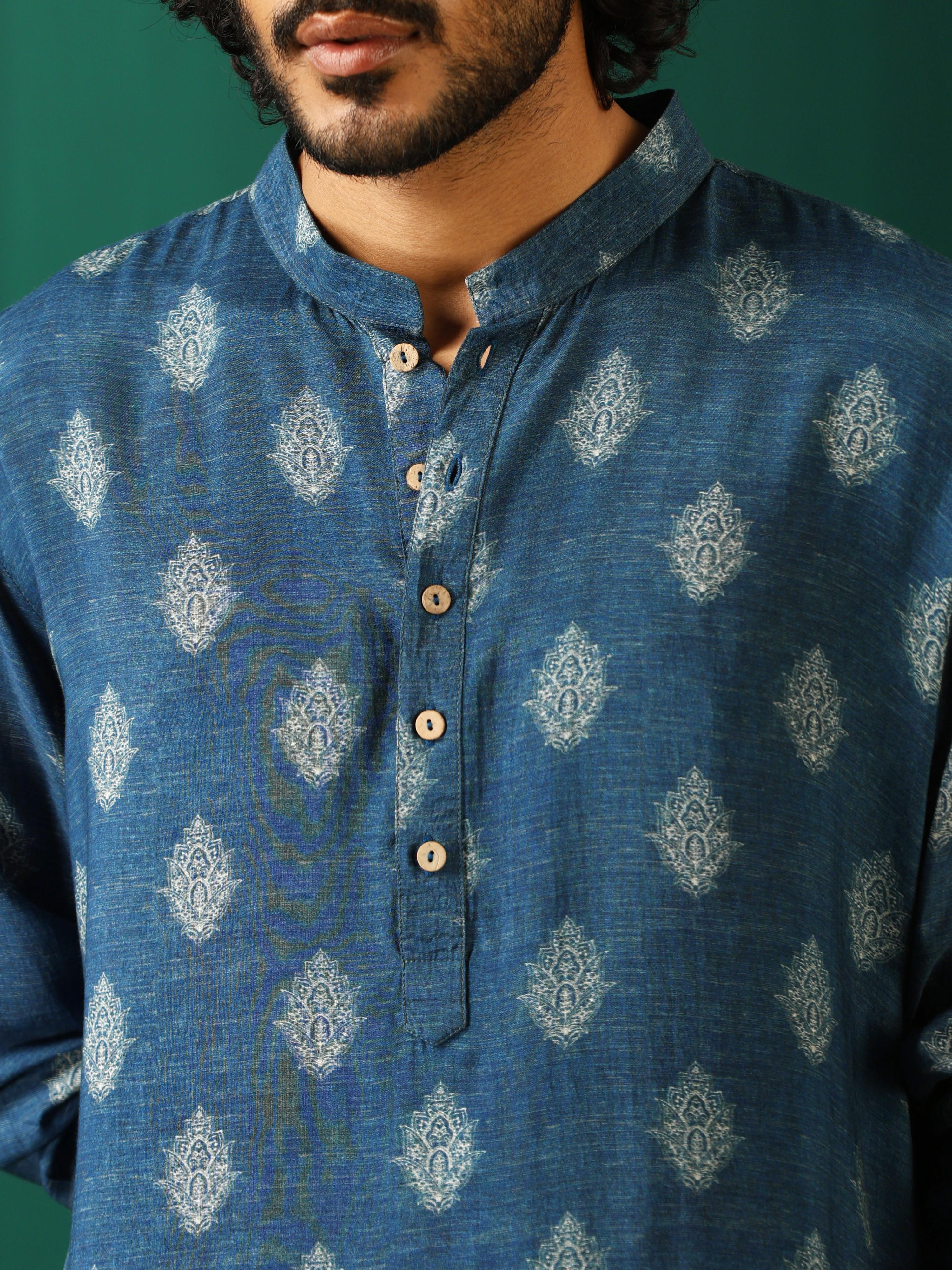 trueBrowns Men's Blue Floral Muslin Silk Printed Co-ord Set | Grocsy