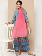 KSUT (House of Varanga) Blue Floral Printed Anarkali Kurta Paired With Printed Palazzo And Dupatta | Grocsy