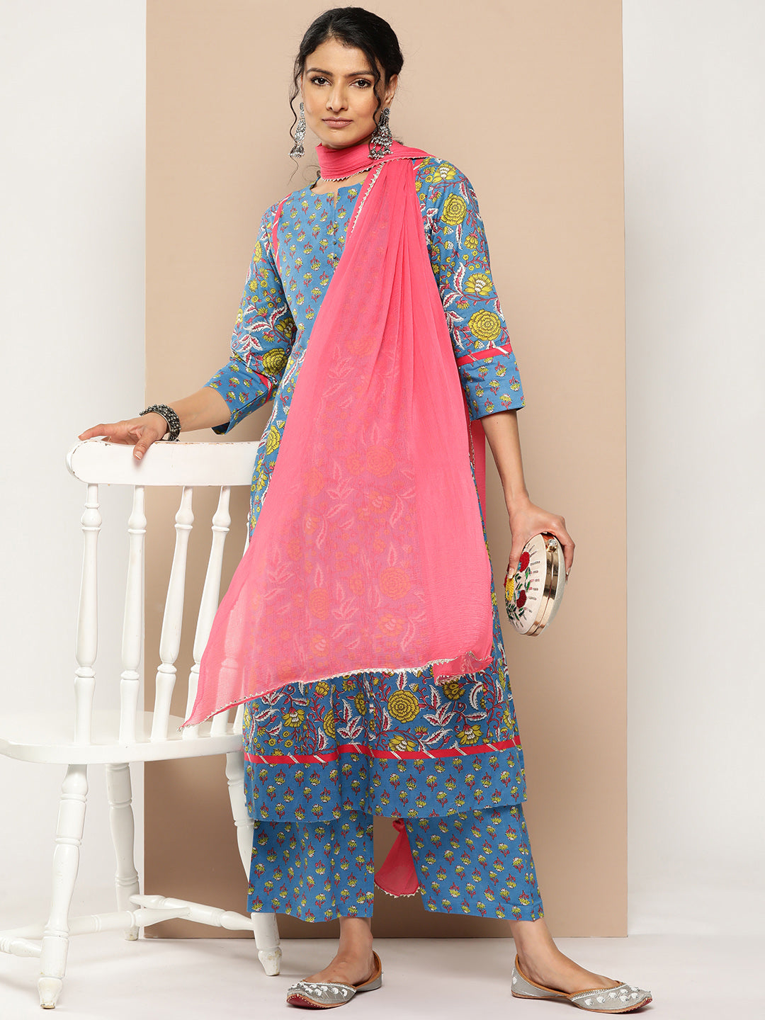 KSUT (House of Varanga) Blue Floral Printed Anarkali Kurta Paired With Printed Palazzo And Dupatta | Grocsy