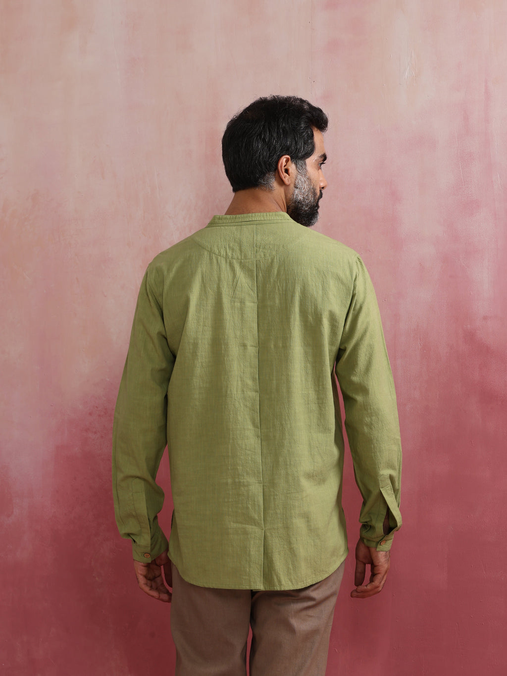 trueBrowns Men's Pista Green Cotton Mandarin Collar Stylized Kurta | Grocsy