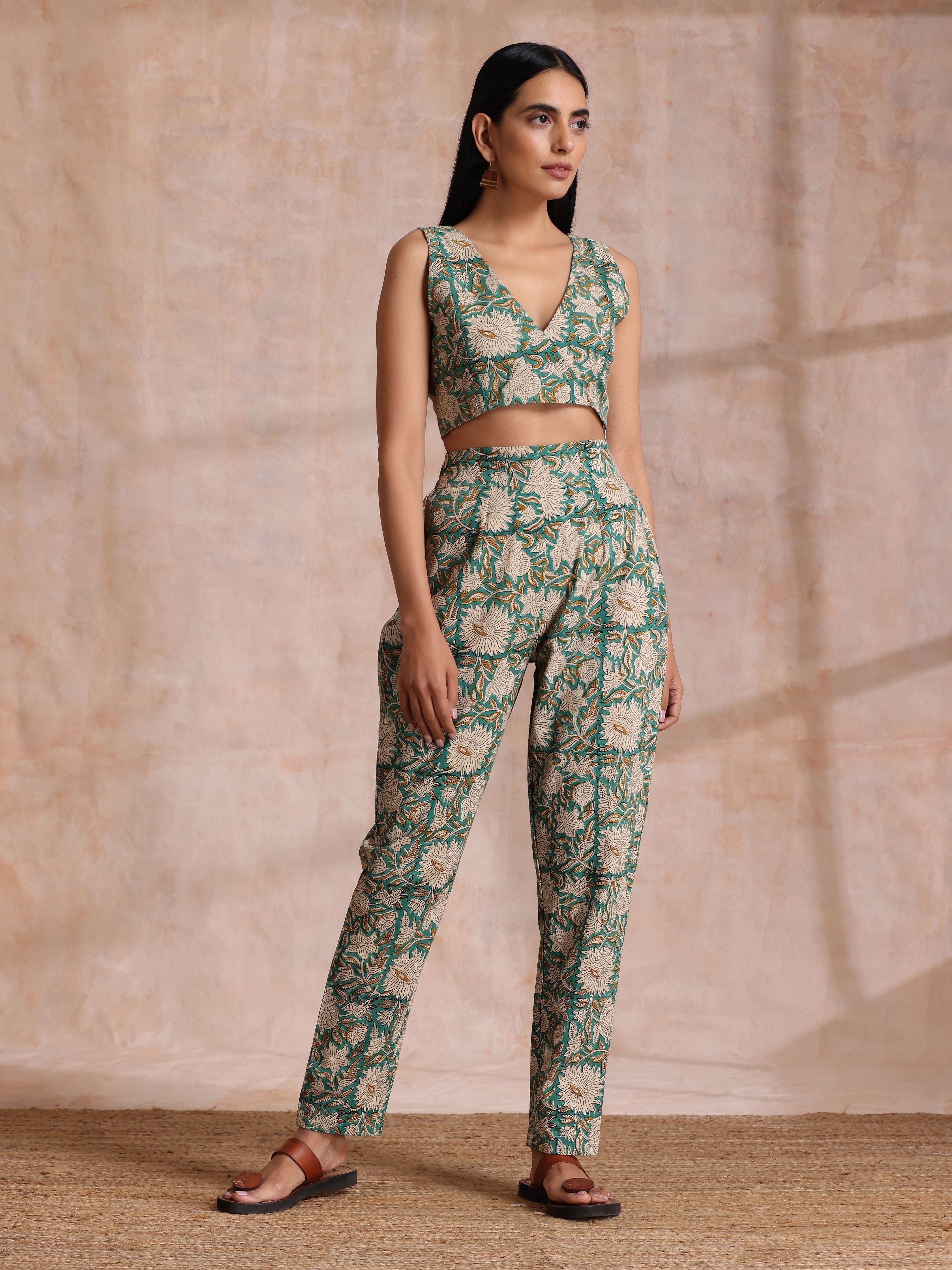 trueBrowns Fern Green Overall Floral Block Print Cotton Pant Suit Set | Grocsy