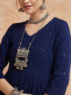 InWeave Women's Royal Blue Chikankari Long Anarkali Kurta Sharara Set | Grocsy