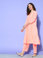 InWeave Women's Peach Flared Kurta Set With Off White Folral Organza Dupatta | Grocsy