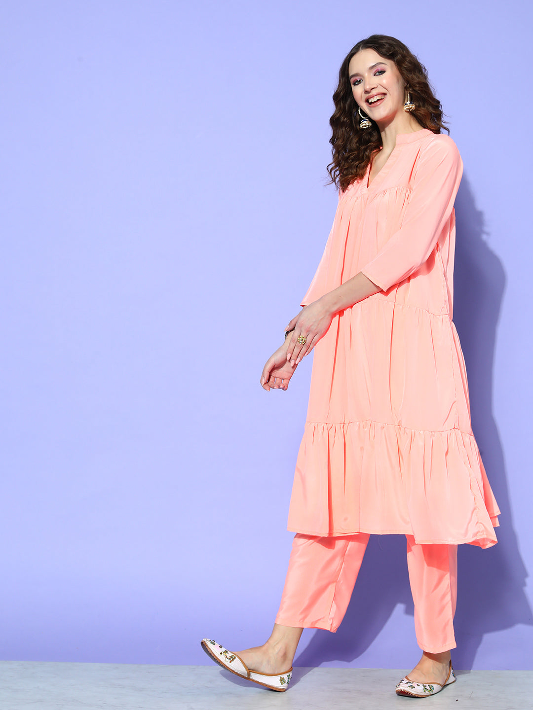 InWeave Women's Peach Flared Kurta Set With Off White Folral Organza Dupatta | Grocsy