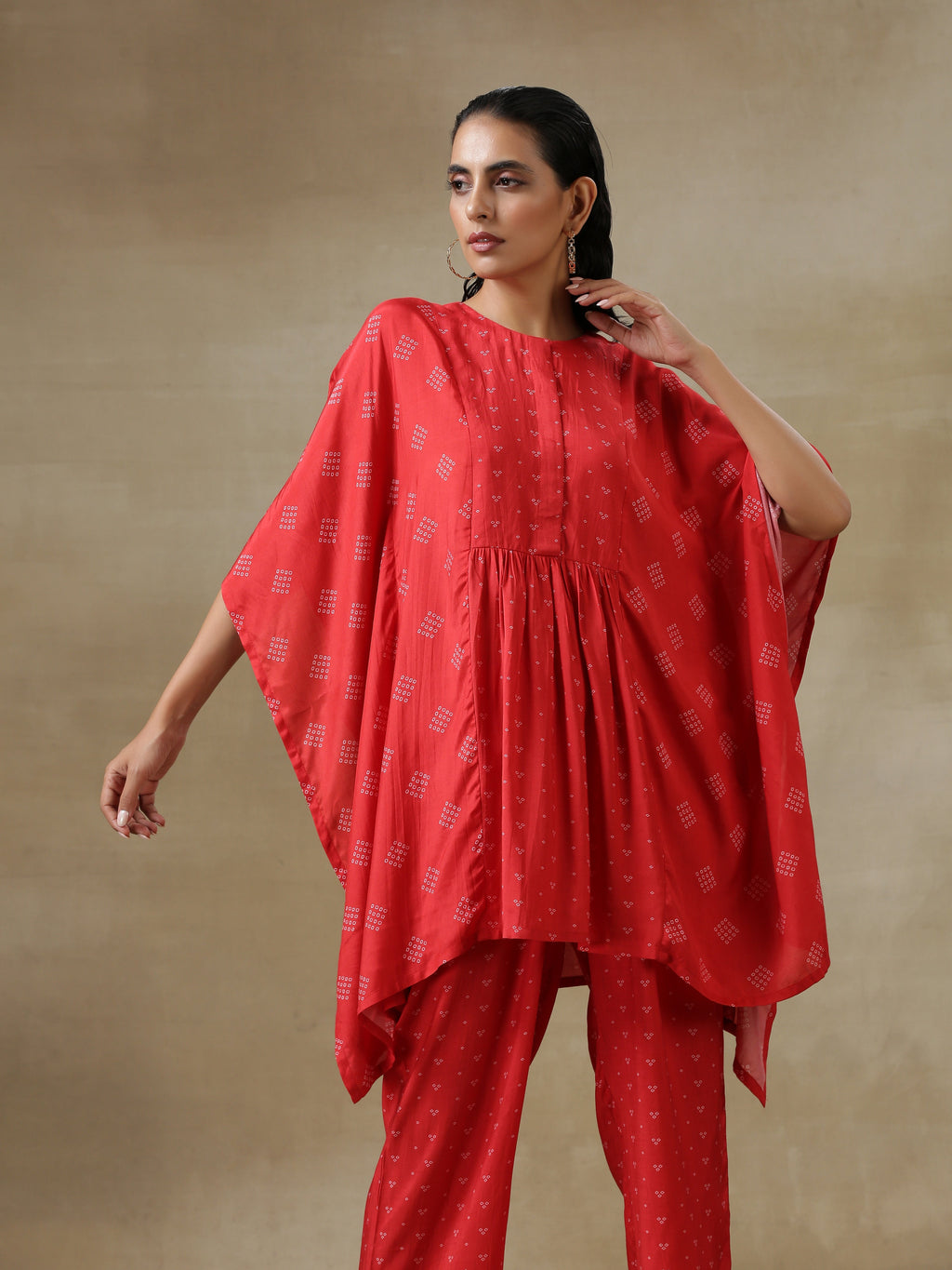 trueBrowns Red Bandhani Printed Silk Kaftan Gathered Co-Ord Set | Grocsy