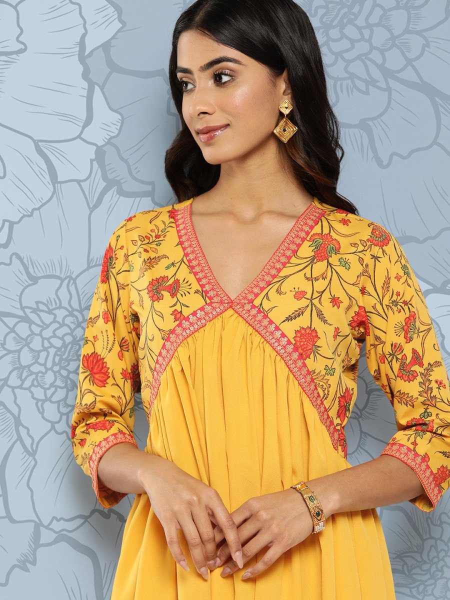Ahalyaa Floral Print Crepe Empire Midi Ethnic Dress | Grocsy