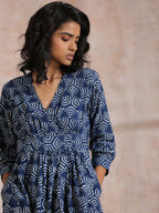 trueBrowns Indigo Dabu Overall Print Cotton Wrap Dress | Grocsy