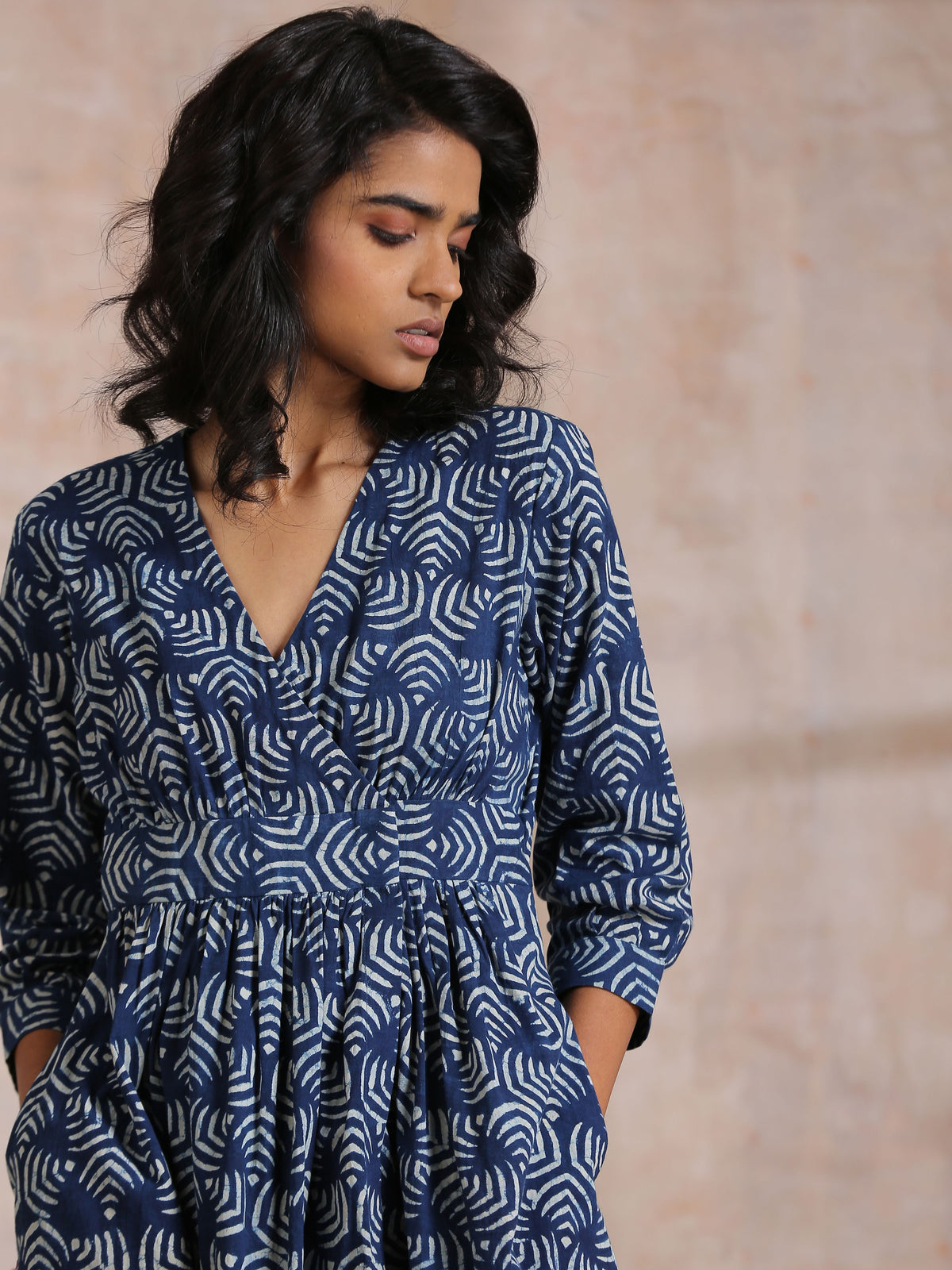 trueBrowns Indigo Dabu Overall Print Cotton Wrap Dress | Grocsy