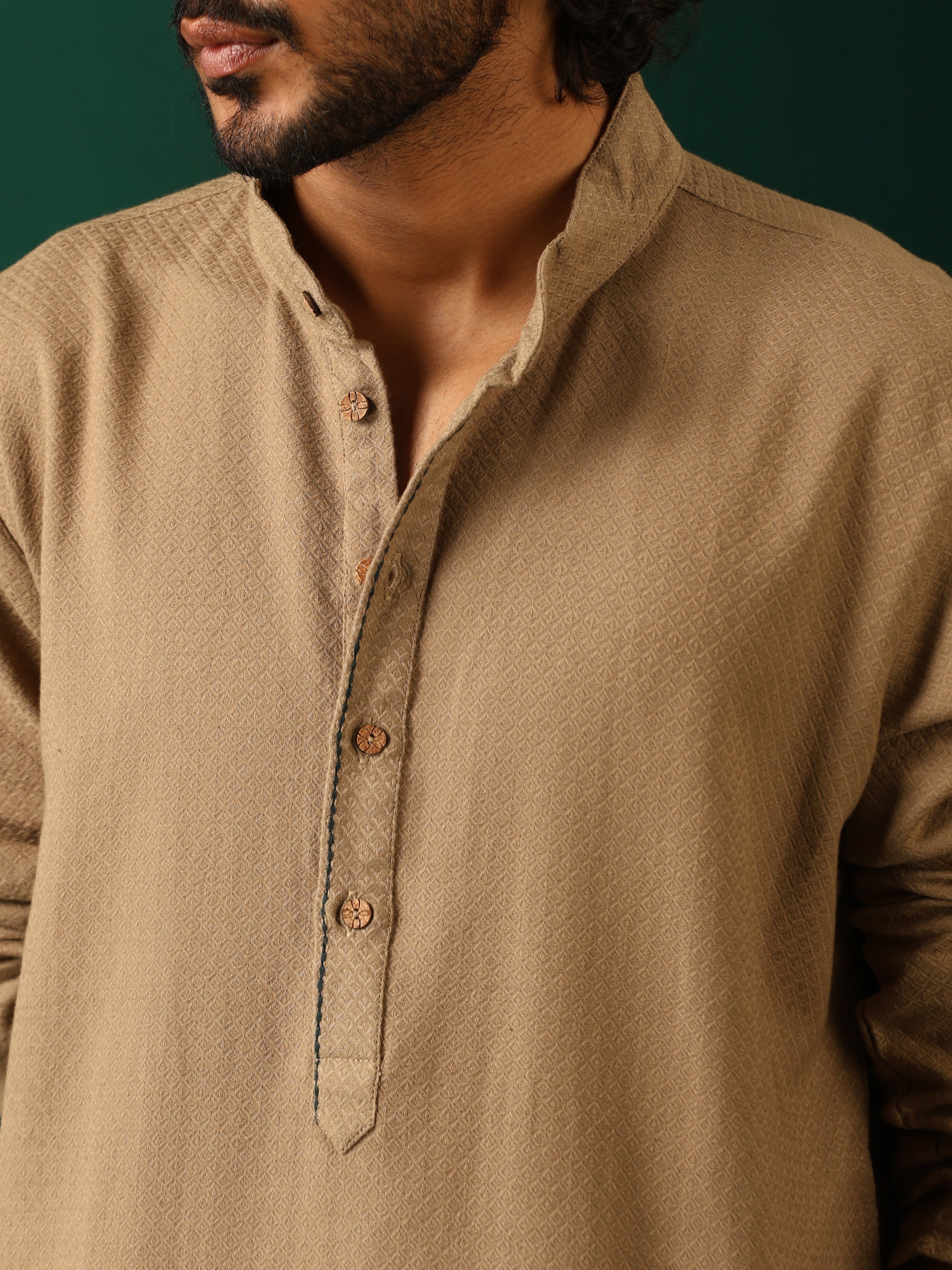 trueBrowns Men's Beige Dobby Textured Kurta | Grocsy