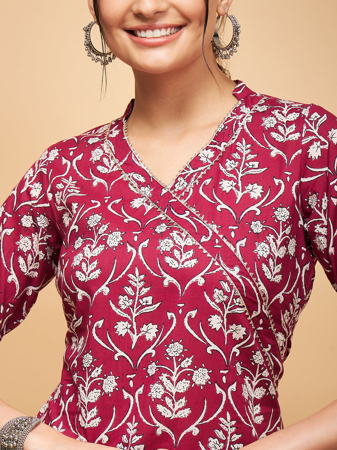 InWeave Women's Wine Floral Print Straight Angrakha Gota Kurta | Grocsy