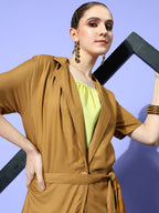InWeave Women's Camel Brown Cream Pant Coord Set With Lime Green Crop Top | Grocsy