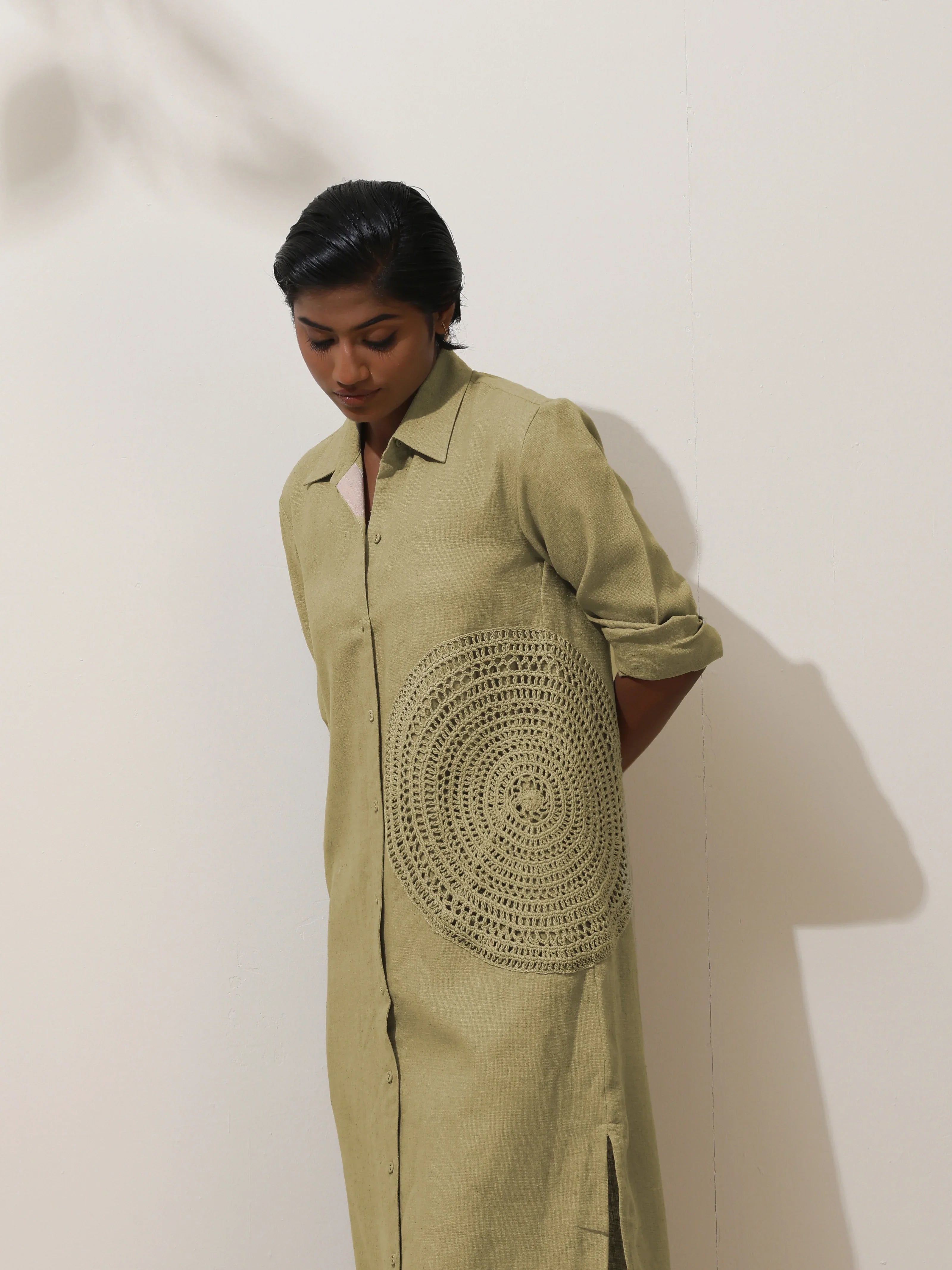trueBrowns Fern Green Crochet Natural Cotton Kurta Pant Set | Grocsy