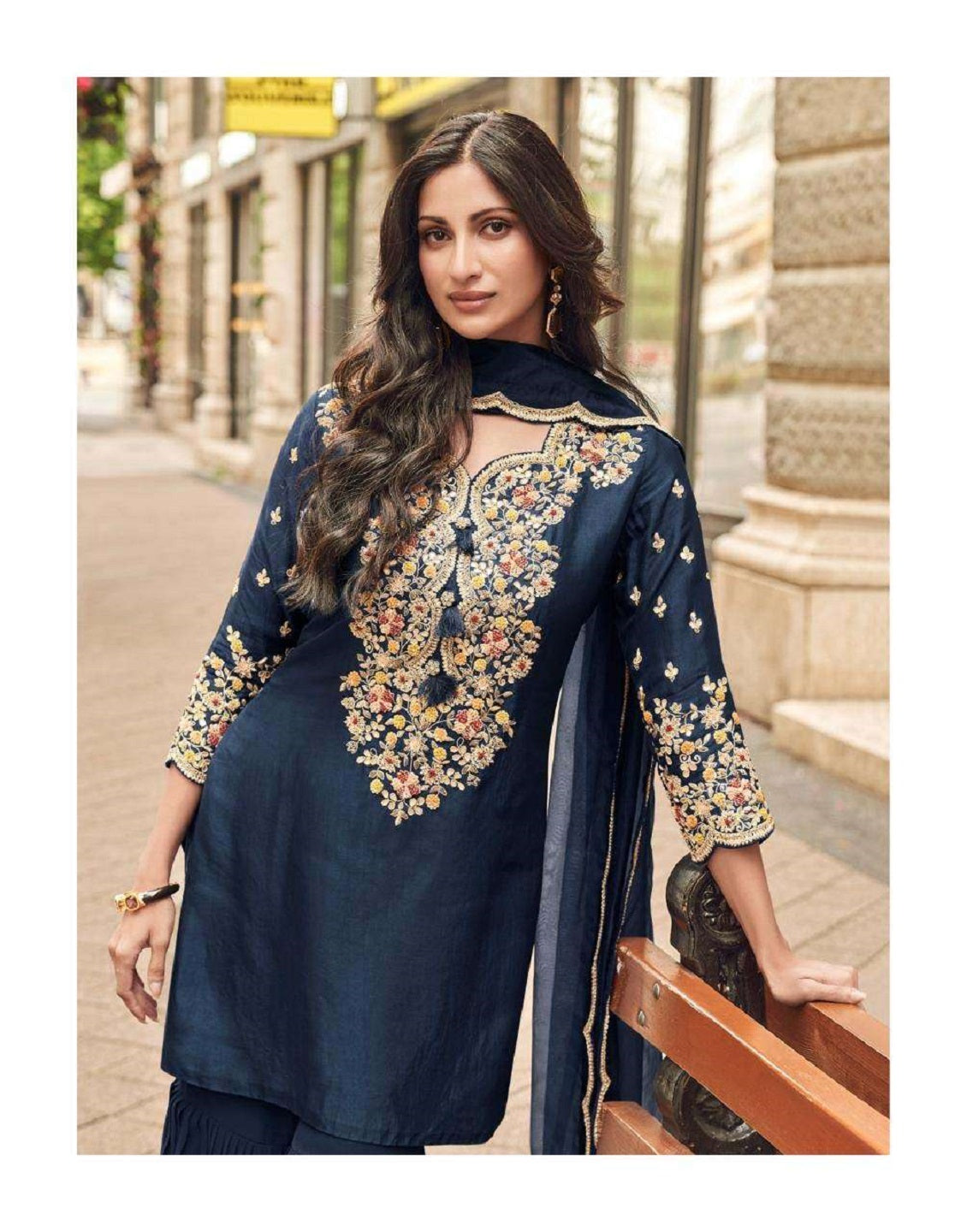 Evanik Women Navy Blue Floral Embroidered Kurta Sharara Dupatta Set | Grocsy