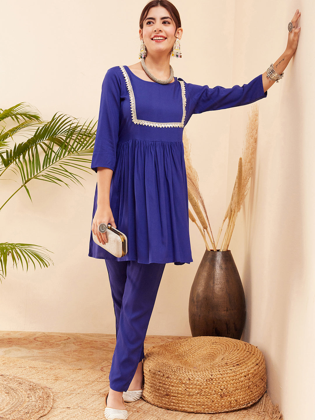 InWeave Women's Blue Round Neck Square Gota Work Kurta Pant Set | Grocsy