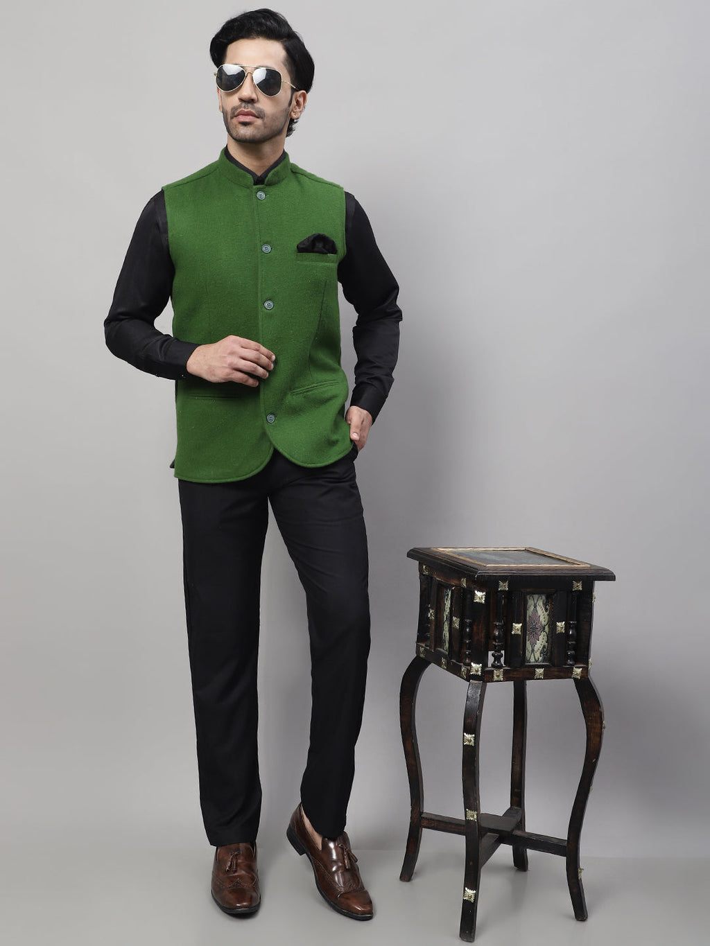 Even Apparels Men's Green Pure Wool Nehru Jacket | Grocsy