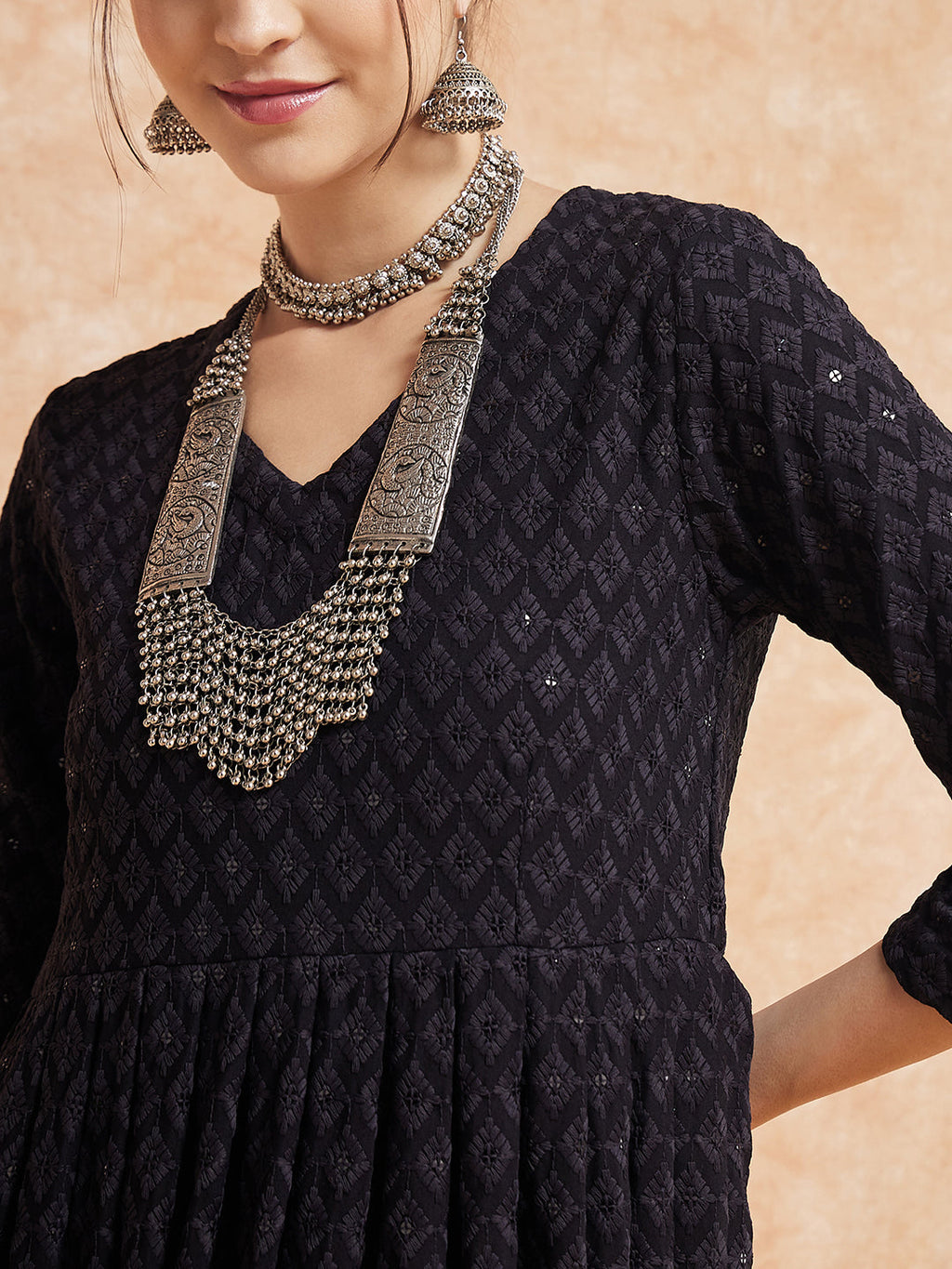 InWeave Women's Black Chikankari Long Anarkali Kurta Sharara Set | Grocsy