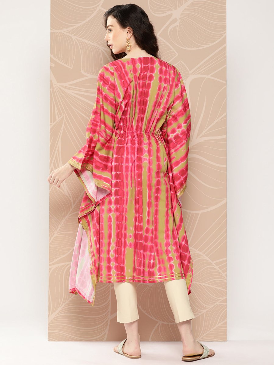 Ahalyaa Women Printed Flared Sleeves Gotta Patti Belted Detail Crepe Kaftan Kurta | Grocsy