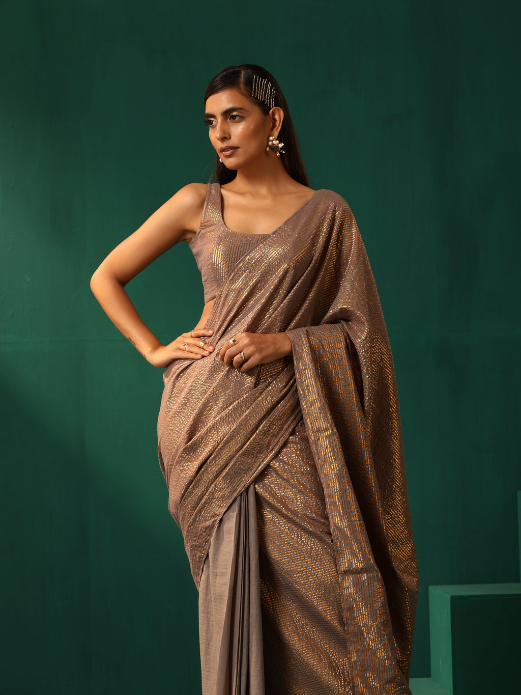 trueBrowns Grey Cotton Gold Lurex Striped Ready to Wear Saree | Grocsy
