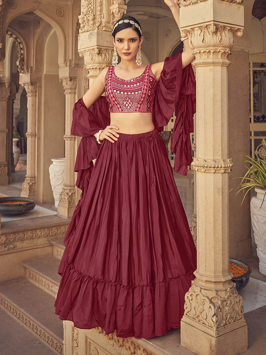 Myra Maroon Chinon & Art SIlk Embroidered Designer Lehenga Choli | Grocsy