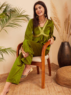 InWeave Women's Olive Mughal Shaan Style Velvet Short Kurta Set | Grocsy