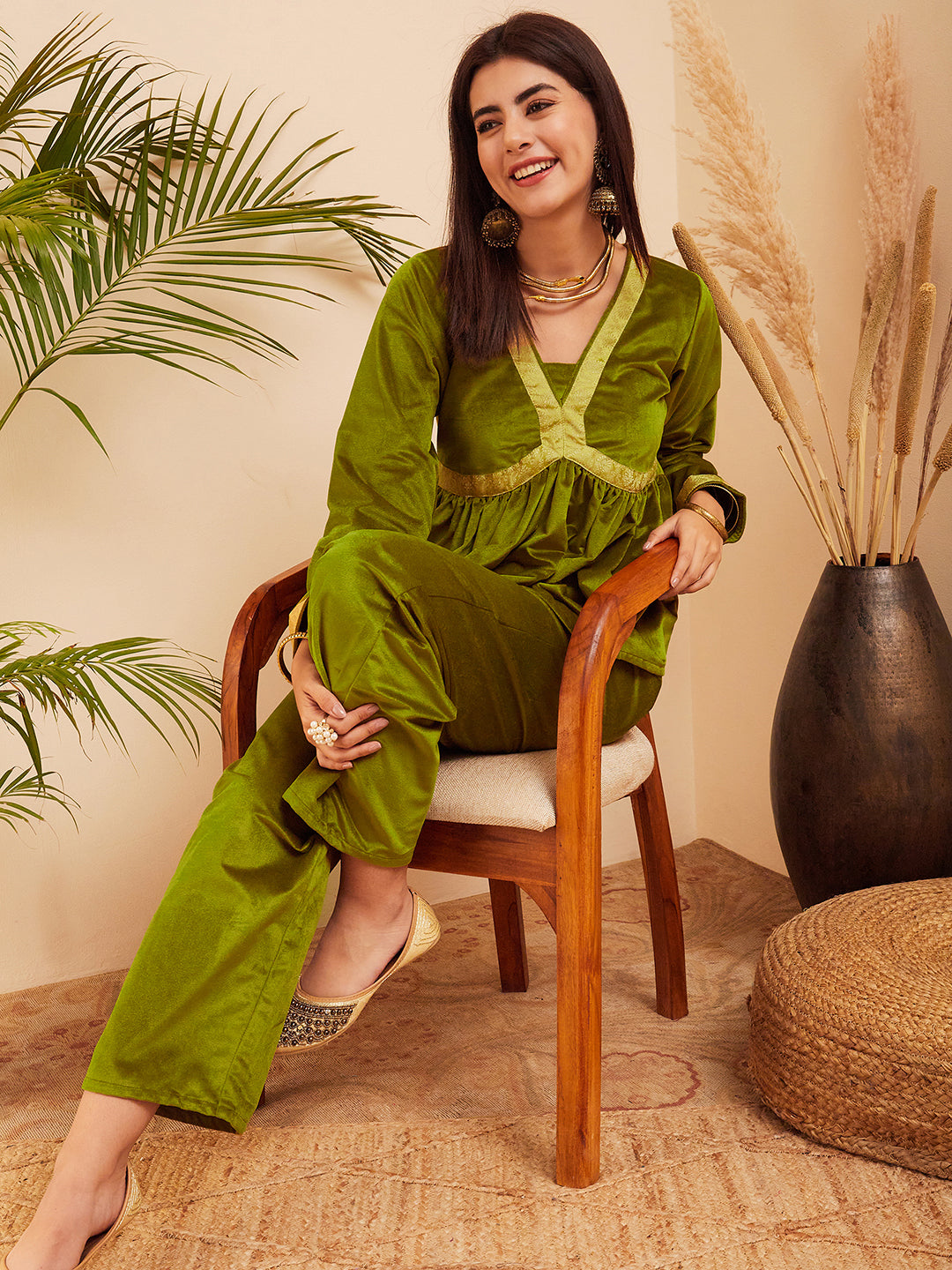 InWeave Women's Olive Mughal Shaan Style Velvet Short Kurta Set | Grocsy