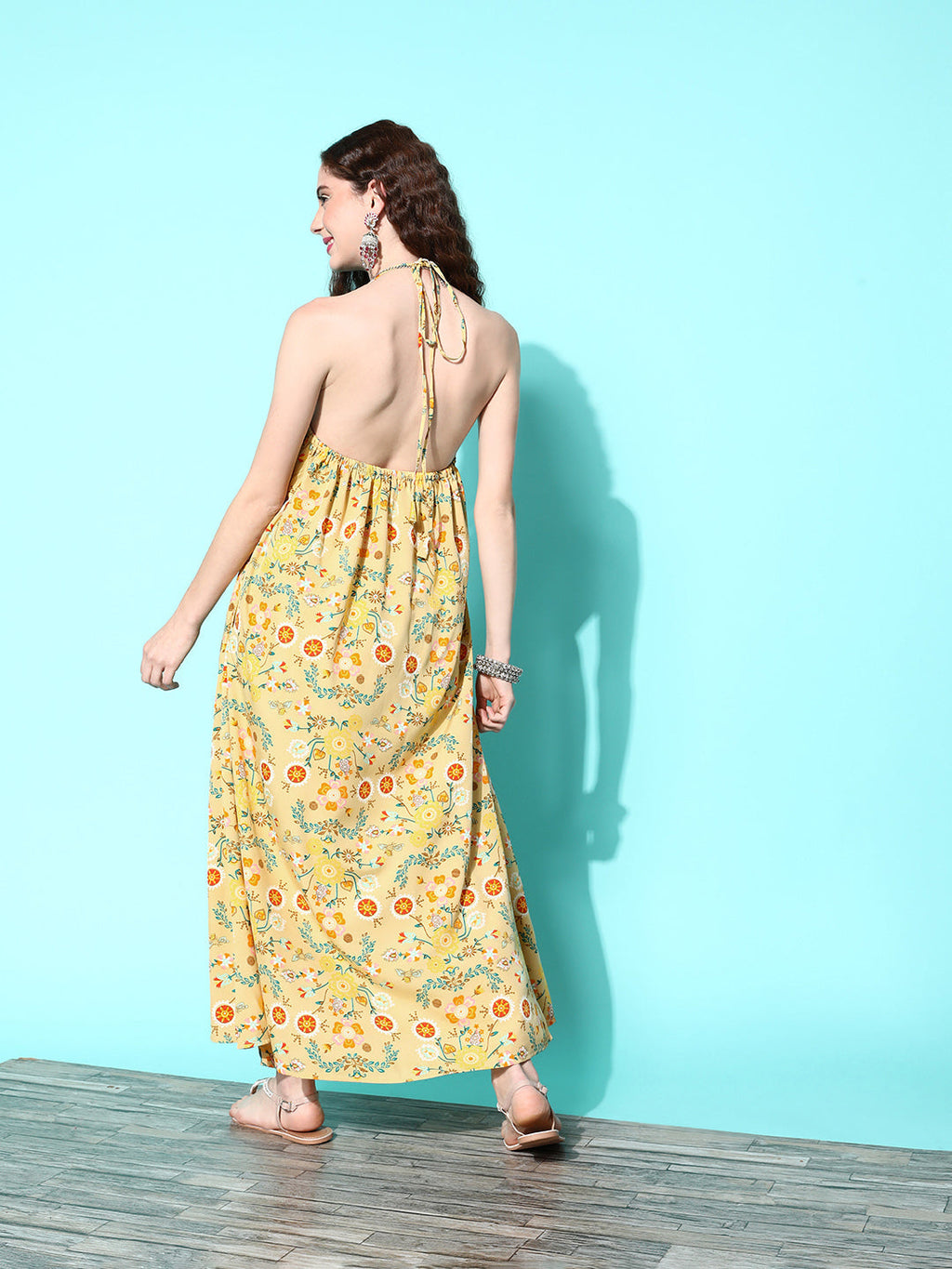 InWeave Women's Yellow Print Back Less Long Kurta Pant Set | Grocsy