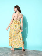 InWeave Women's Yellow Print Back Less Long Kurta Pant Set | Grocsy