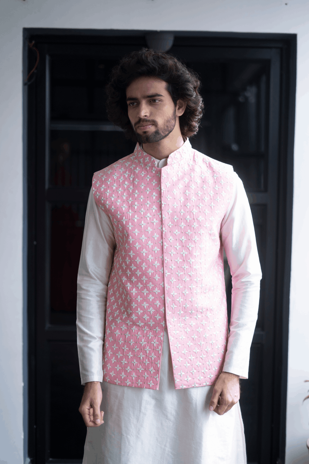 Light Pink Designer Men's Nehru Jacket by Hilo Design | Grocsy