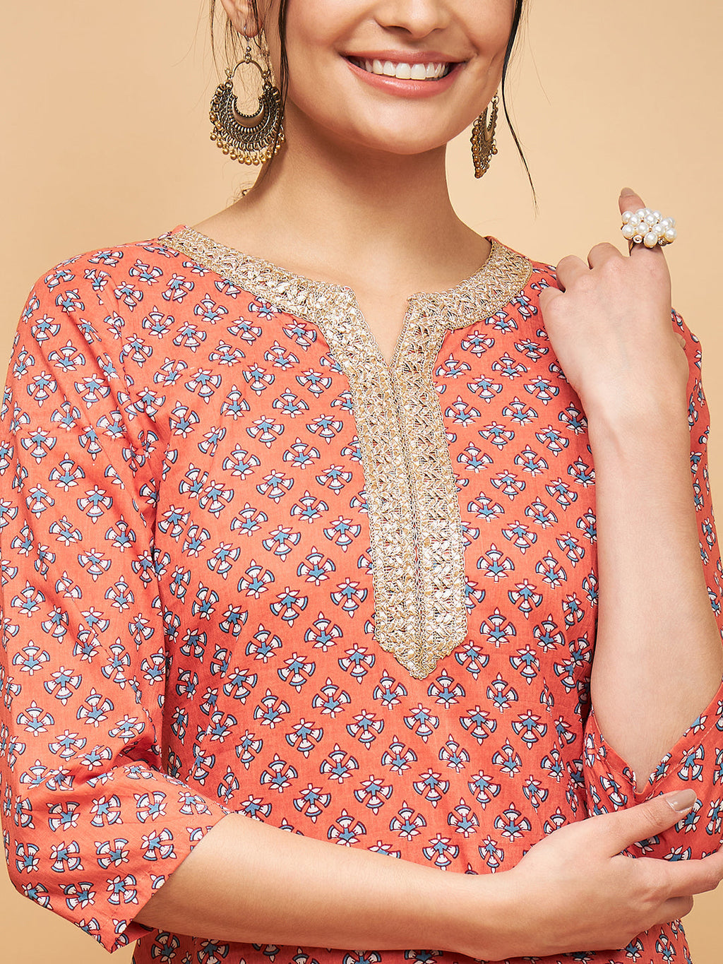 InWeave Women's Coral Blue Boota Print Gota Straight Kurta | Grocsy