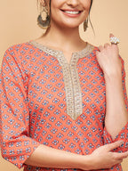InWeave Women's Coral Blue Boota Print Gota Straight Kurta | Grocsy