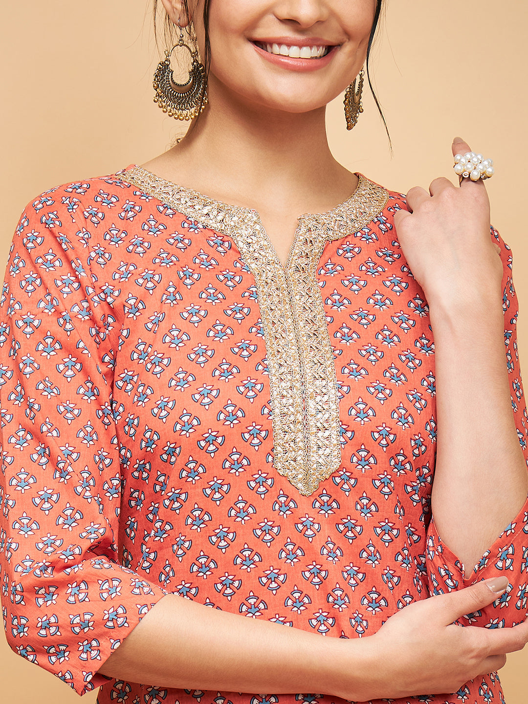 InWeave Women's Coral Blue Boota Print Gota Straight Kurta | Grocsy