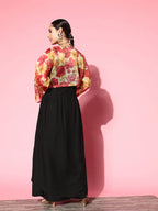 InWeave Women's Black Strappy Set With Red Pink Floral Short Organza Cape | Grocsy