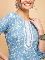 InWeave Women's Powder Blue White Print Lace Straight Kurta | Grocsy