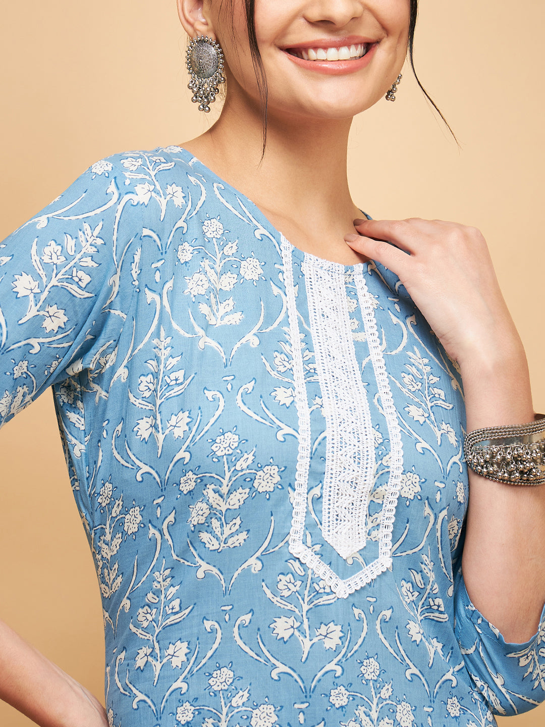 InWeave Women's Powder Blue White Print Lace Straight Kurta | Grocsy