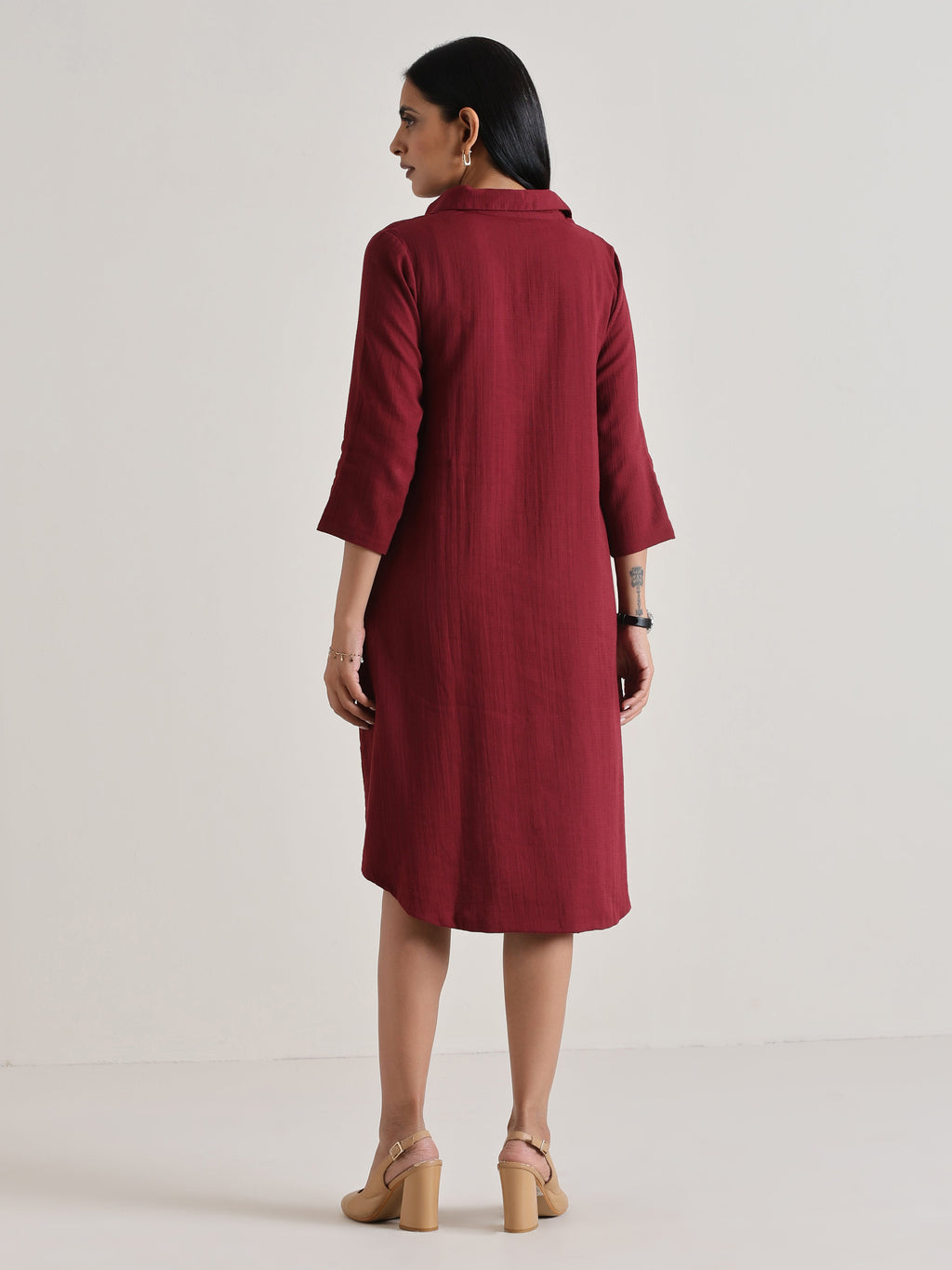 trueBrowns Maroon Short Collared Dress | Grocsy