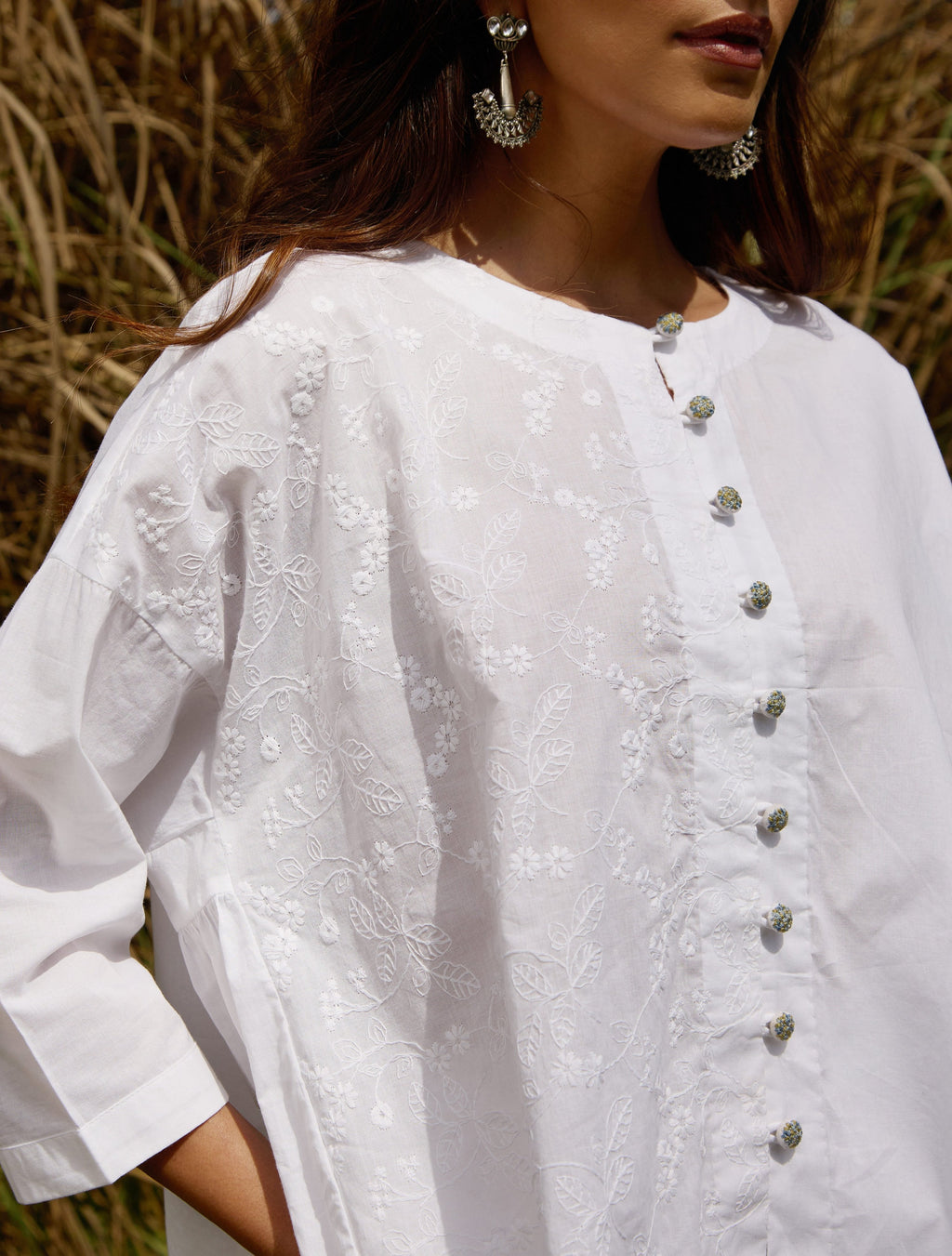 trueBrowns White Cotton Embroidered Relaxed Co-ord Set | Grocsy