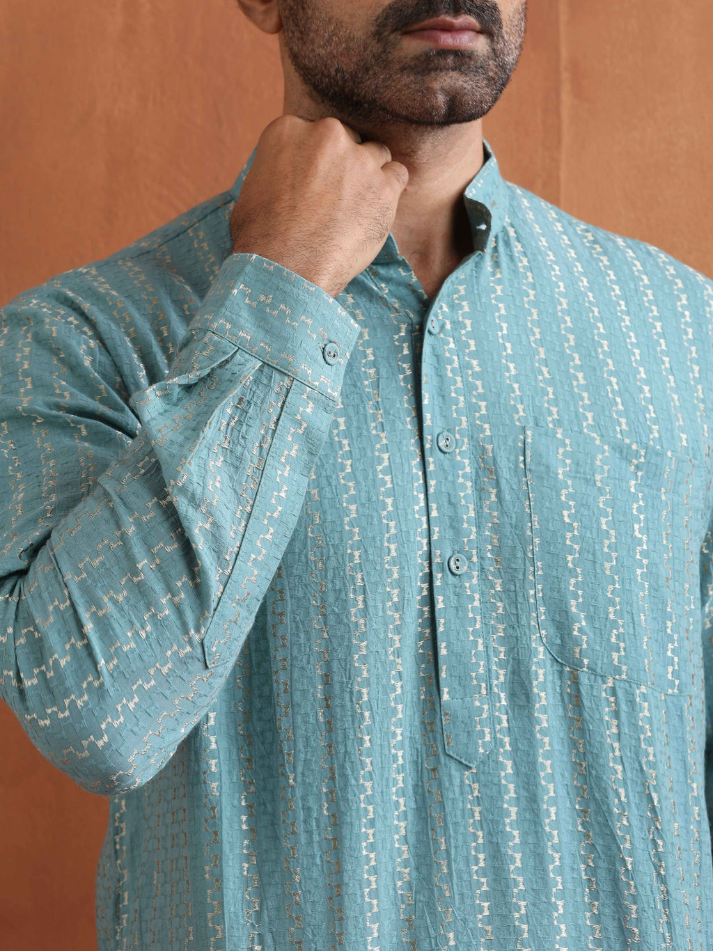 trueBrowns Men's Green Cotton Dobby Short Kurta | Grocsy
