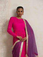 trueBrowns Pink Crinkle Anarkali Kurta Pant Dupatta Set | Grocsy