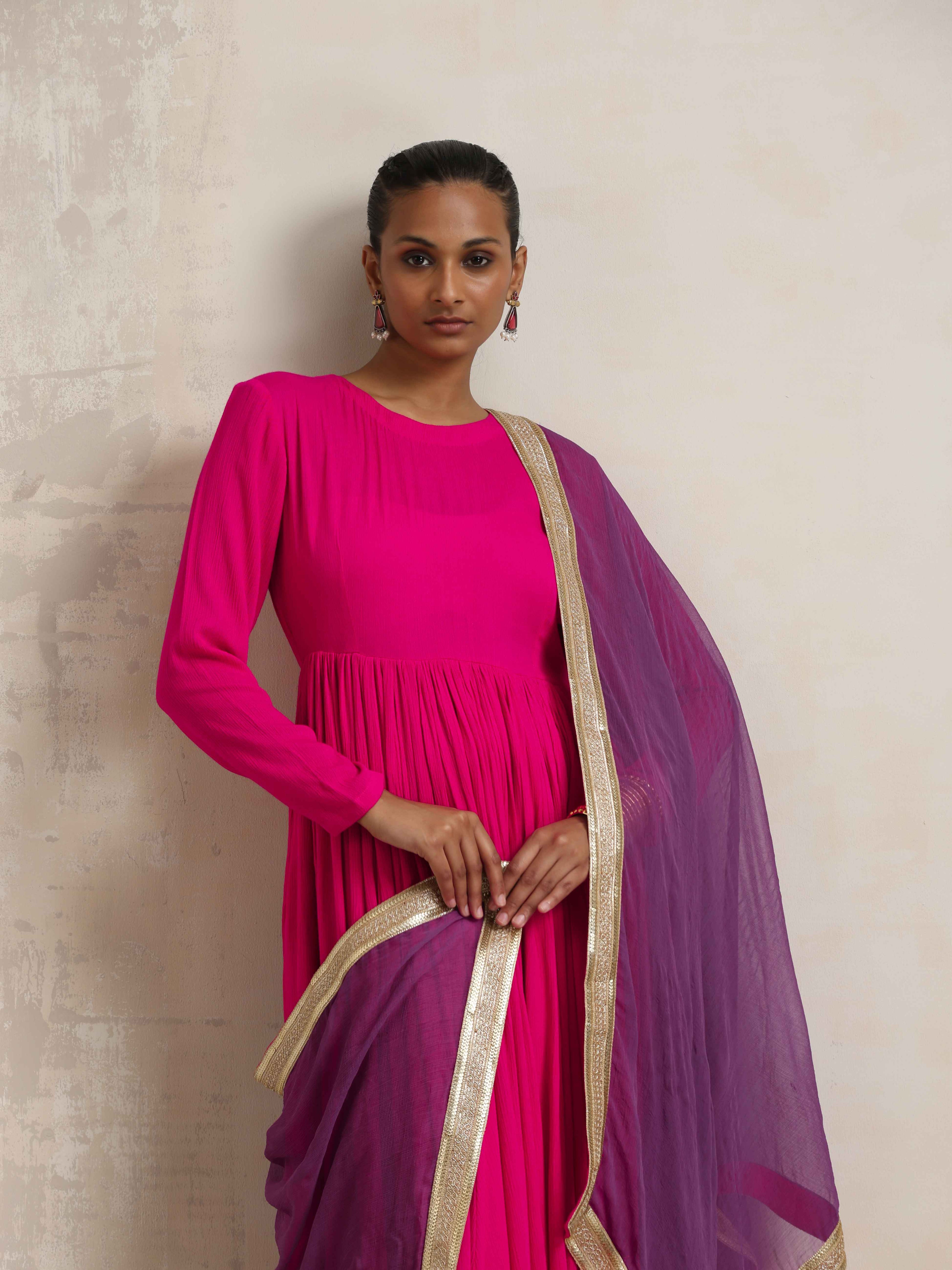 trueBrowns Pink Crinkle Anarkali Kurta Pant Dupatta Set | Grocsy