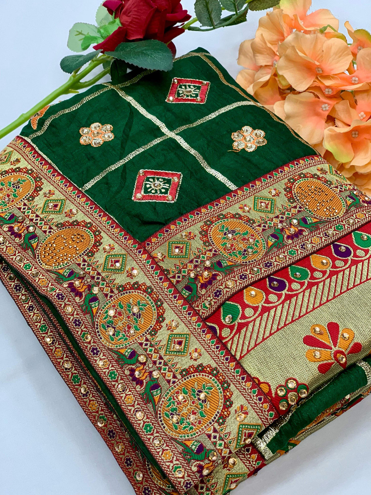 Lorenvalley Fashion Premium Green Vichitra Silk Embroidery and Diamond work Both Side Saree | Grocsy