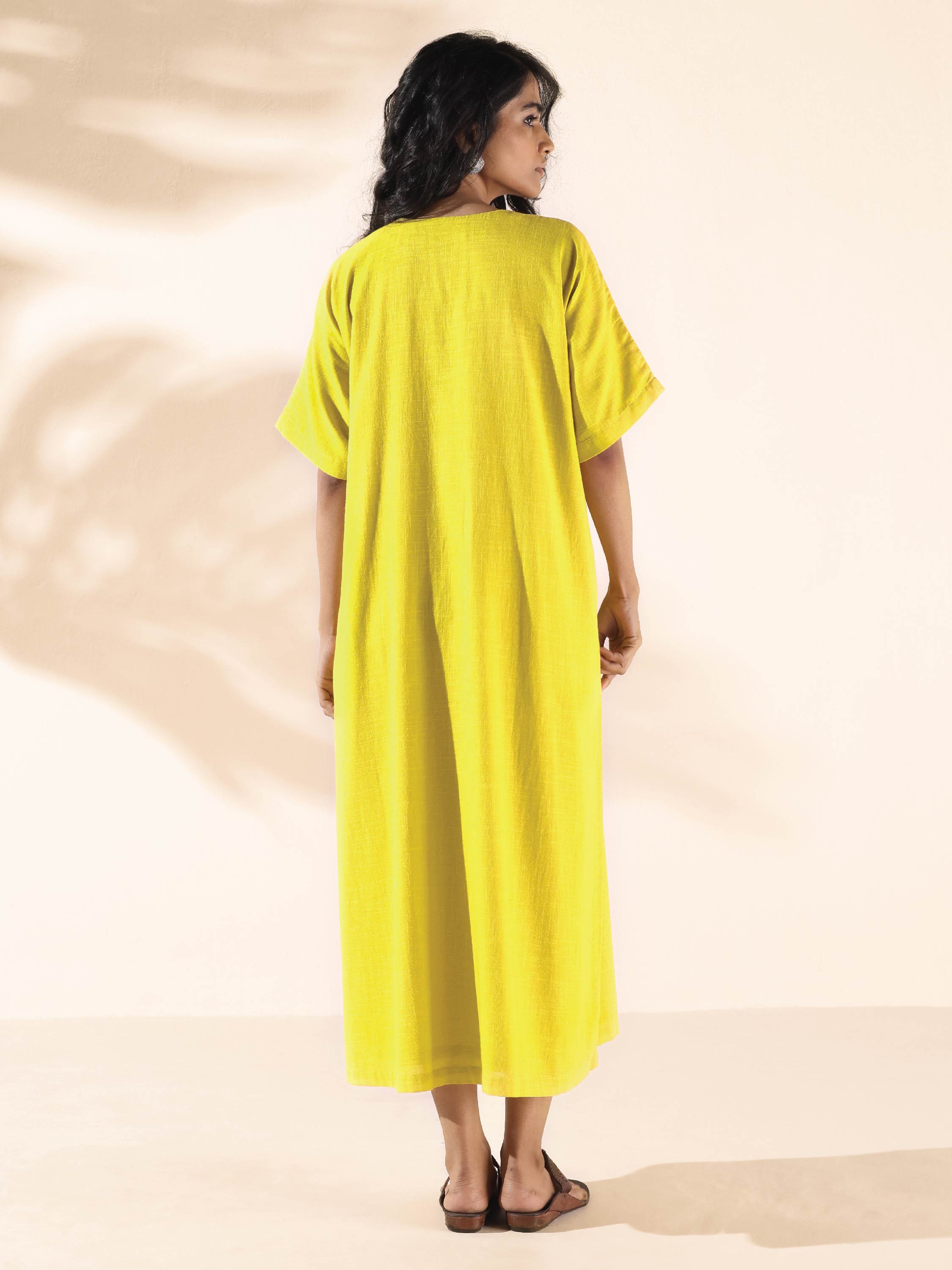 trueBrowns Lime Cotton Front Slit Dress | Grocsy