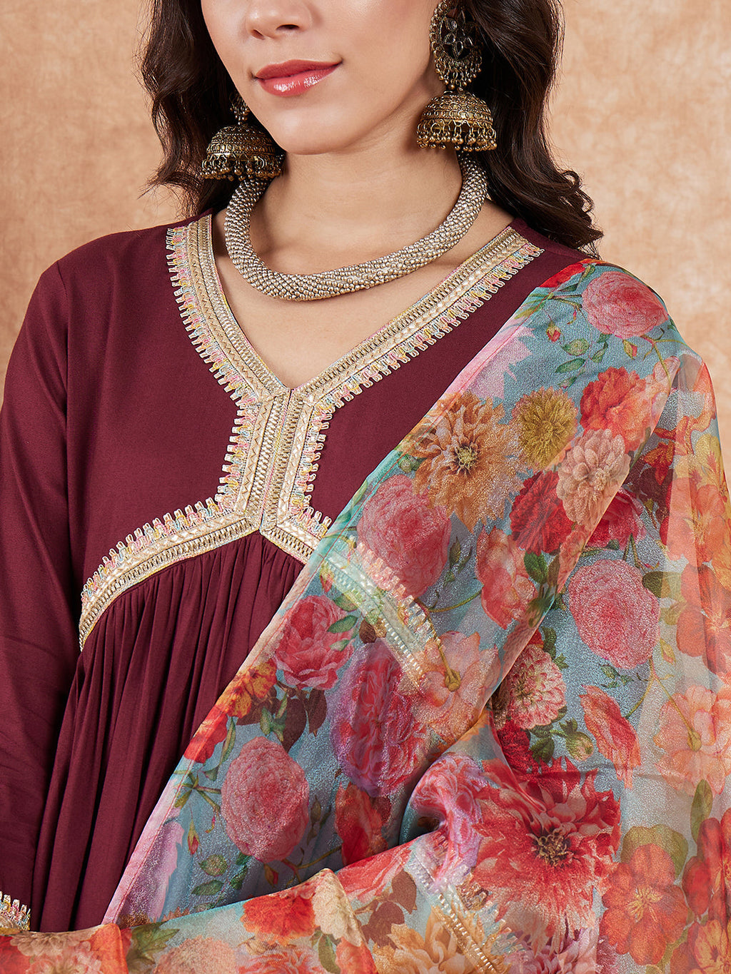 InWeave Women's Dark Burgundy Alia Neck Style Gota Set W Organza Dupatta | Grocsy