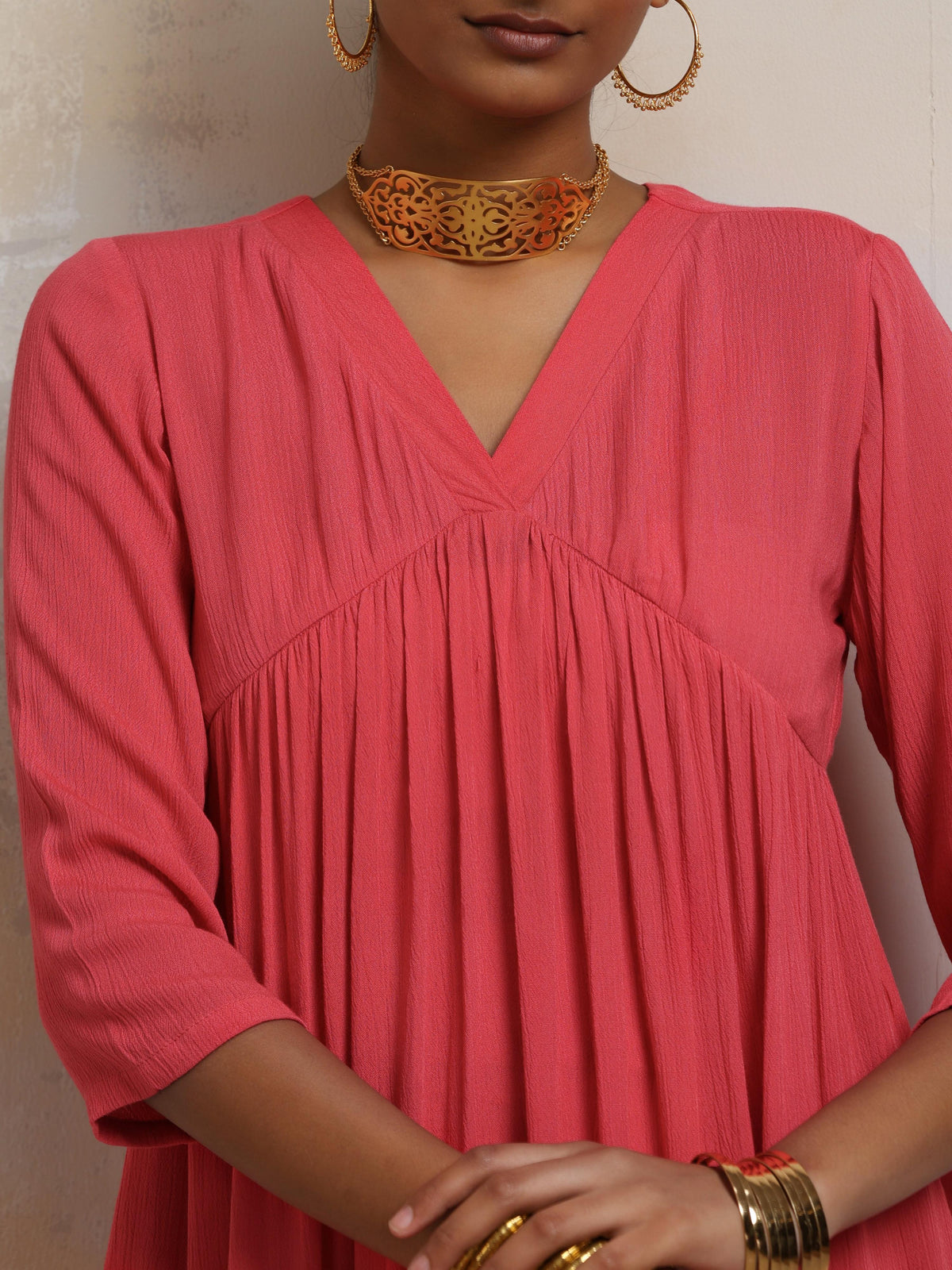 trueBrowns Peach Crinkle Flared Kurta Co-ord Set | Grocsy