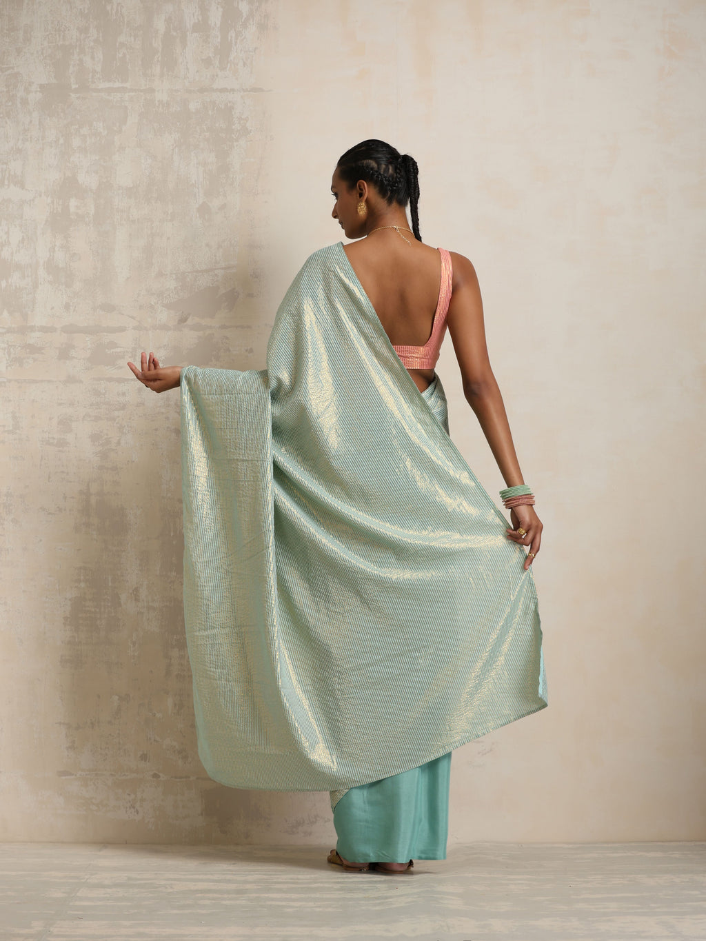 trueBrowns Blue Gold Lurex Ready To Wear Saree | Grocsy