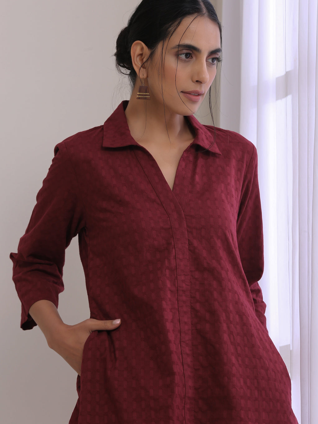 trueBrowns Ruby Wine Dobby Collar Short Co-Ord Set | Grocsy