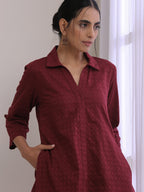 trueBrowns Ruby Wine Dobby Collar Short Co-Ord Set | Grocsy
