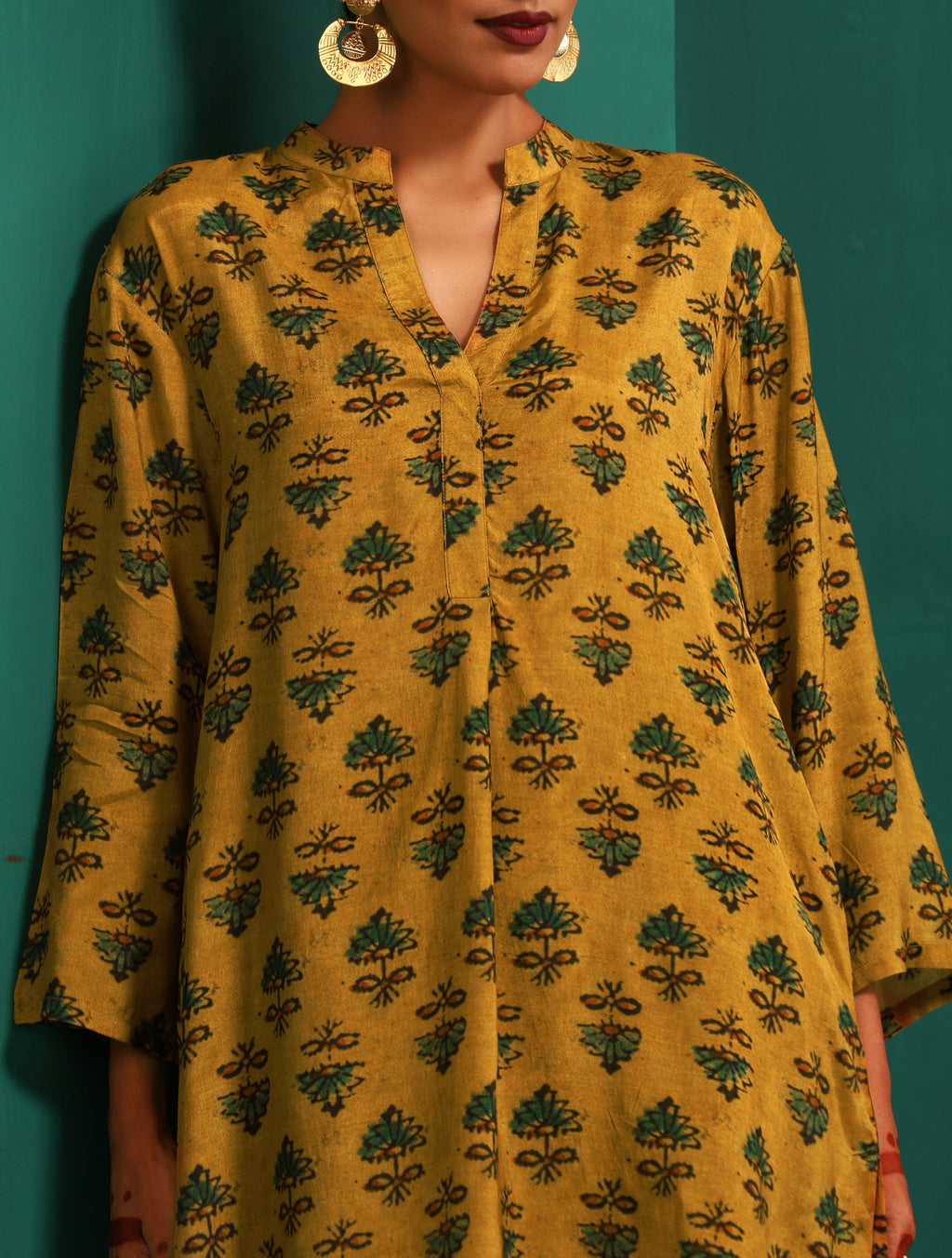 trueBrowns Mustard Flower Stem Muslin Silk Printed Relaxed Co-ord Set | Grocsy