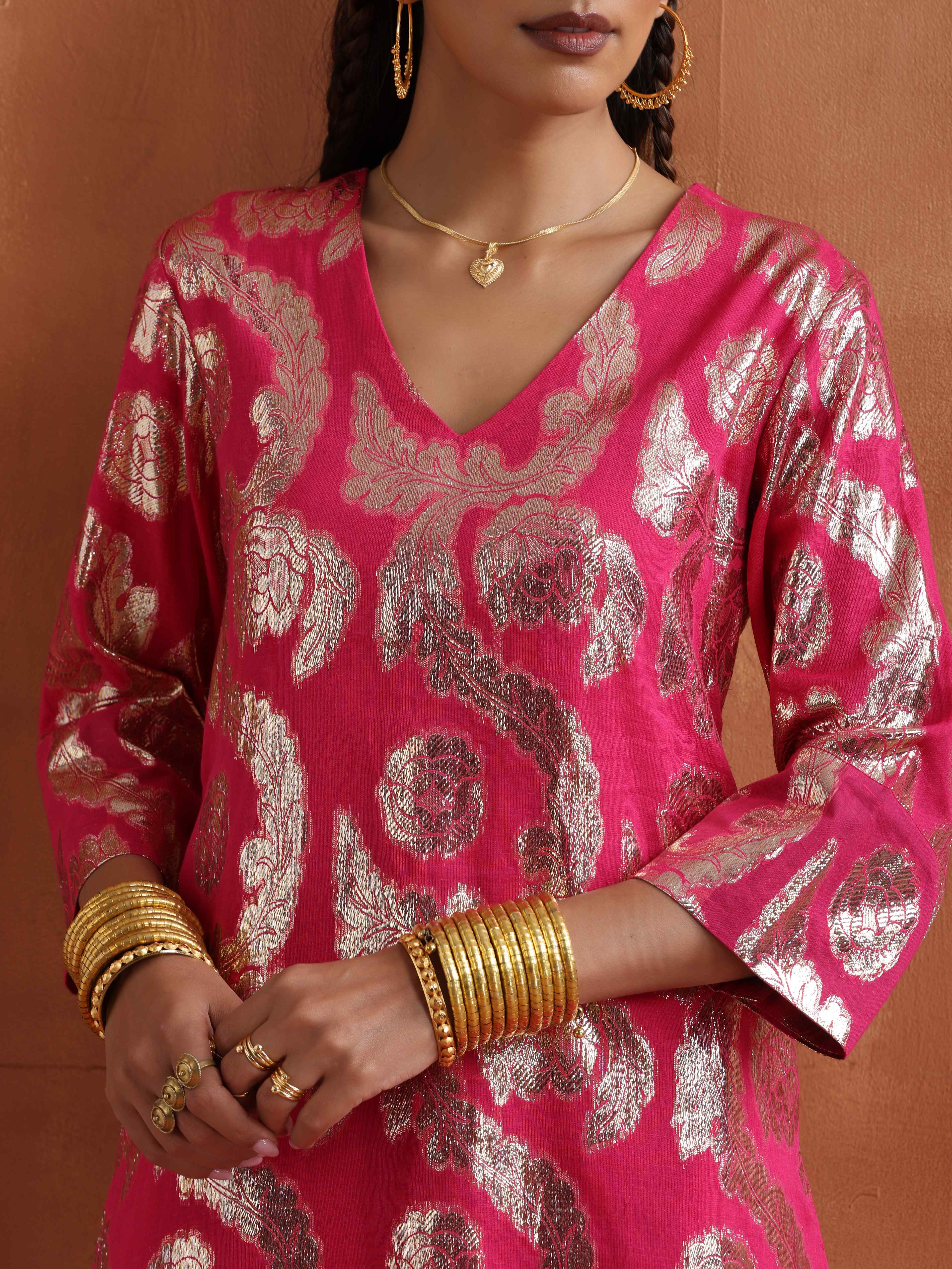 trueBrowns Pink Metallic Sharara Set | Grocsy